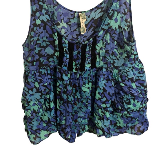 Free People Y2K Blue Floral Babydoll Cropped Button‎ Up Top Medium - Picture 2 of 6